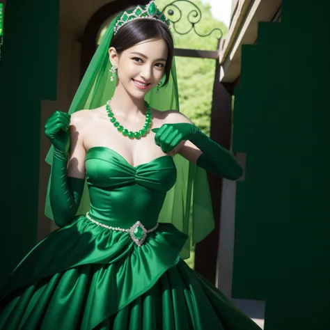 emerald tiara, Green Pearl Necklace, Boyish very short green hair, lipsticks, Japan woman smiling, very short short hair, big breasts beautiful, Green eyes, Long green gloves made of satin material, Green eyes, Emerald Earrings, Green dress