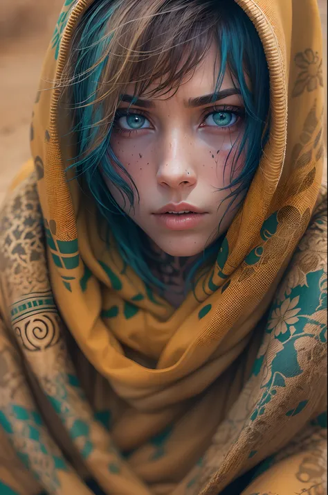 in a desert，A defeated woman，Short brown hair，Blue pupils，Earthy yellow hood，spread their legs，The whole body is covered with tattoos