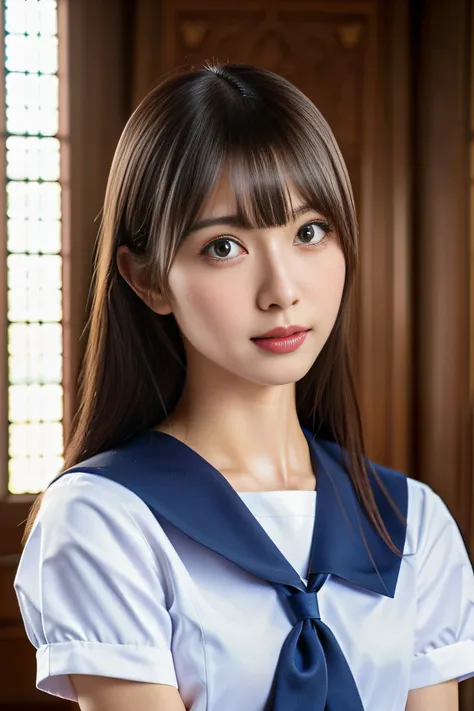 (((Draw only one woman: 2))), Beautiful 18-year-old Japanese woman, (High school girl in a short-sleeved sailor uniform: 1.5), (Japanese strict girls school sailor uniform), ( Schoolgirl pretending to be sitting on a church pew: 1.2), (Beautiful and elabor...