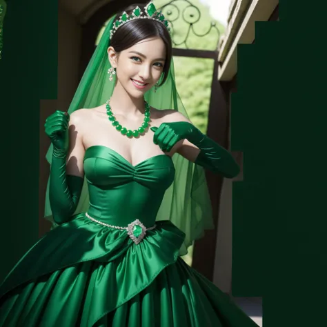 emerald tiara, Green Pearl Necklace, Boyish very short green hair, lipsticks, Japan woman smiling, very short short hair, big breasts beautiful, Green eyes, Long green gloves made of satin material, Green eyes, Emerald Earrings, Green dress