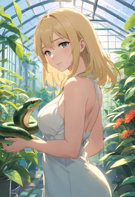 tmasterpiece，HighestQuali，(cygames)，anime big breast，Solo，A woman who is，((Female upper body，Bigboobs))，Wear a bandeau white dress and long black gloves，((Long neat blonde hair，Neat bangs))，Petting a snake，((In the greenhouse))