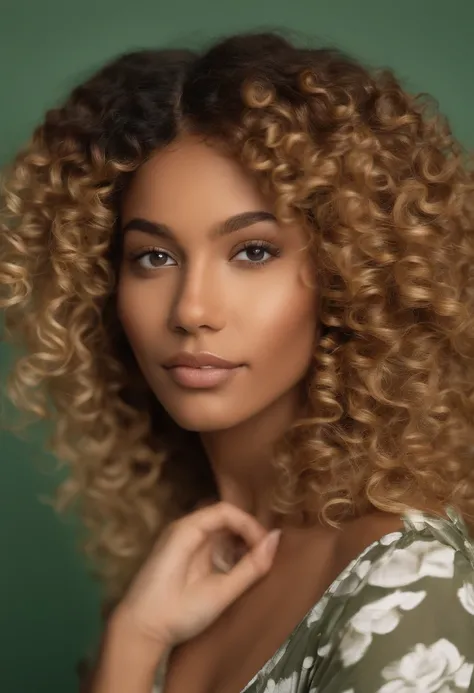 "Ultra-realistic image of a beautiful 21-year-old Afro-Latina girl,Caramel peel, corps parfait, forte poitrine, nez fin,taille fine, cheveux blond, Short curly hair karibean , piercing green eyes.hyper-realistic，anatomie correcte，Facial features are carefu...