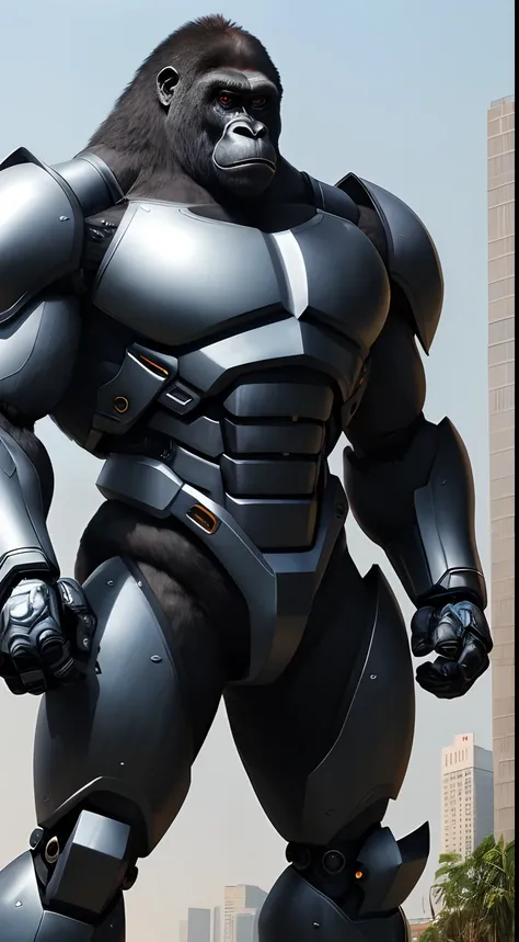 A muscular superhero gorilla, adorned in a state-of-the-art mecha armor, exuding power and confidence. The photo captures the intricacies of the realistic armor, showcasing its advanced technology and fine craftsmanship. The marketing photoshoot presents t...