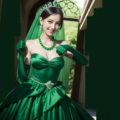 emerald tiara, Green Pearl Necklace, Boyish very short green hair, lipsticks, Japan woman smiling, very short short hair, big breasts beautiful, Green eyes, Long green gloves made of satin material, Green eyes, Emerald Earrings, Green dress