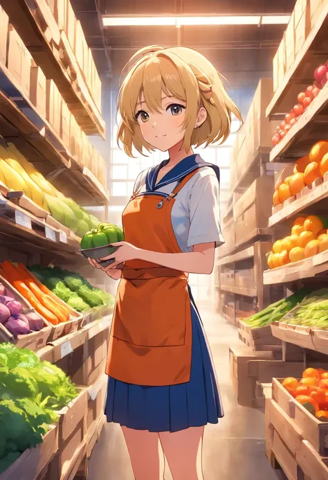 tmasterpiece，HighestQuali，(arknight)，anime big breast，Solo，A woman who is，((Female Upper Body))，Wear an apron and sailor suit and pleated skirt，Long neat blonde hair，Neat bangs，Inside the warehouse，Boxes full of vegetables and fruits