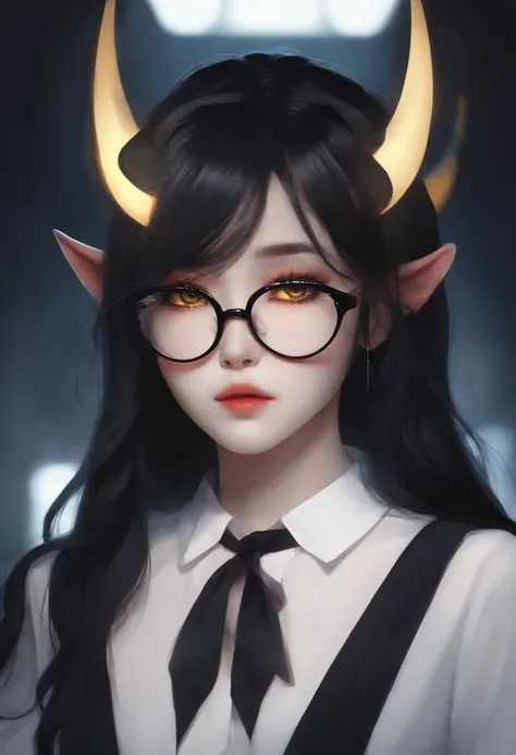 1girl,long, long black hair with demon horns, yellow eyes , white shirt with a black star with short sleeves, serius face with small black glasses