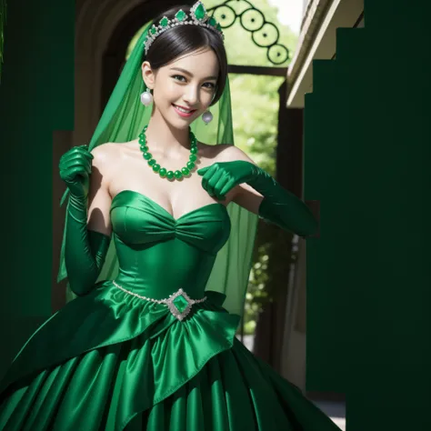 emerald tiara, Green Pearl Necklace, Boyish very short green hair, lipsticks, Japan woman smiling, very short short hair, big breasts beautiful, Green eyes, Long green gloves made of satin material, Green eyes, Emerald Earrings, Green dress