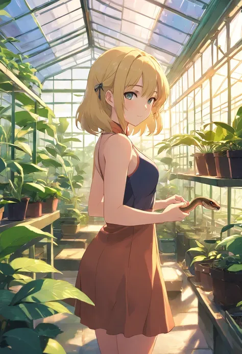 tmasterpiece，HighestQuali，(cygames)，anime big breast，Solo，A woman who is，((Female Upper Body，Bigboobs))，Wear a bandeau brown dress，Wear black stockings，((Long neat blonde hair，Neat bangs))，((Petting a snake))，((In the greenhouse))