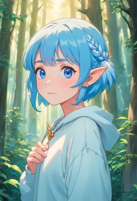 Elf girl, blue hair, blushing, blue eyes, white sweatshirt, crystal necklace, forest