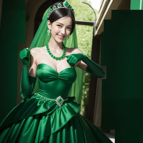 emerald tiara, Green Pearl Necklace, Boyish very short green hair, lipsticks, Japan woman smiling, very short short hair, big breasts beautiful, Green eyes, Long green gloves made of satin material, Green eyes, Emerald Earrings, Green dress