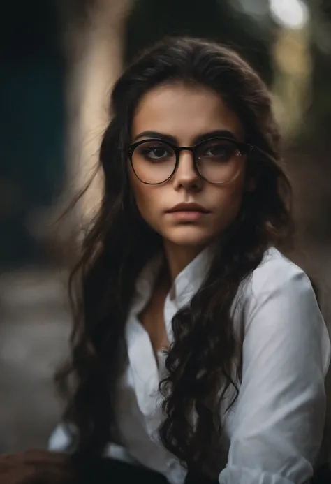 1girl,largo, Pelo largo y negro con cuernos de demonio, ojos amarillos , Camisa blanca con una estrella negra con mangas cortas, Serius face with small black glasses