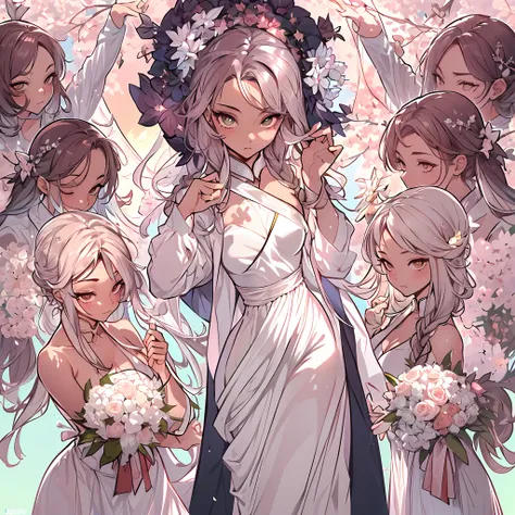 ((Masterpiece, Highest quality)), Detailed face, CharacterDesignSheet，full bodyesbian, perfectly proportions，Full of details, Multiple poses and expressions, Highly detailed, Martial arts girl，Gradient hair color，Detailed eyes, ssee-through，wedding gown，la...