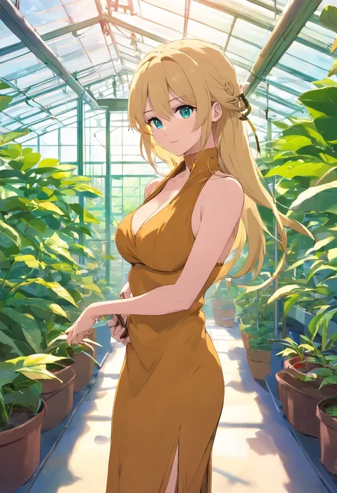 tmasterpiece，HighestQuali，(cygames)，anime big breast，Solo，A woman who is，((perfect female upper body，Bigboobs))，Wear a bandeau brown dress and shoulders，((Long neat blonde hair，Neat bangs))，((((A snake on the neck))))，((In the greenhouse))