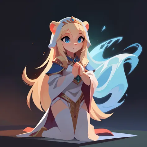 Full body,独奏,Priestess Praying for the Earth,the character is standing,full body Esbian,Blonde and long-haired girls with habits,Blue eyes,Ears of a lion-like beast, Lineless, an alien, Anoledo Rendering,Lightwave, A wavy ethereal presence, octan render