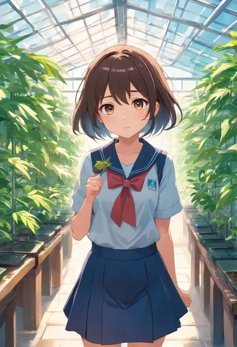 tmasterpiece，HighestQuali，anime big breast，Solo，A chibi girl，((The upper part of the body))，Wear elementary school uniforms，((scared expression，😨))，In the greenhouse