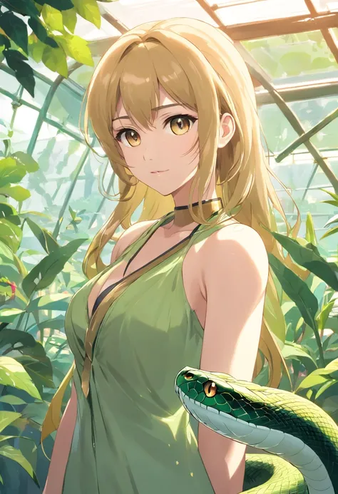 tmasterpiece，HighestQuali，(cygames)，anime big breast，Solo，A woman and a snake，😁，((Perfect for female upper body，Bigboobs))，Wear a bandeau brown dress，Long neat blonde hair，Neat bangs，((((A snake is around，Petting a snake))))，In the greenhouse