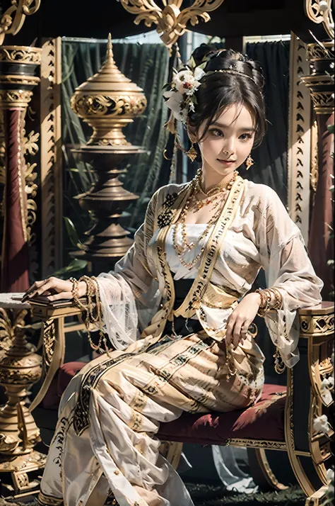 mmtd burmese patterned traditional dress wear beautiful queen,wear pearl necklaces and gold bracelets,full body details beauty, ...