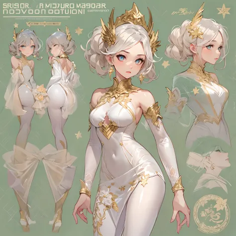 ((Masterpiece, Highest quality)), Detailed face, CharacterDesignSheet，full bodyesbian, perfectly proportions，Full of details, Multiple poses and expressions, Highly detailed, Martial arts girl，Seductive，Gradient hair color，golden colored，Detailed eyes, sse...