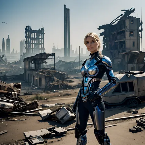 Eine Frau, She is beautiful, sie ist ein cyborg, sie ist zum teil Machine, sie ist zum teil roboter, in the background is a ruined city in the future, das Bild spielt in der Zukunft, since Fiktion,