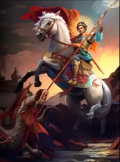 Painting of a man on a horse with a spear and a dragon, mitologia eslava, god of dragons, Jesus riding a dragon, eslavo!!!, Heroes of Power and Magic 3, Grande Rei de Stovokor, heroes of might and magic, imagem do avatar, Directed by: Sasha Putrya, а fanta...