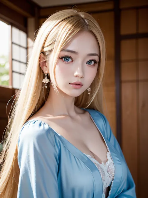 1 21 year old Japanese woman in Tokyo photography RAW wore of extreme beauty skin that shines bright expression blond hair big blue eyes that shine like jewelry shiny skin long straight hair silky eyeliner、Belle frange、Cheveux entre les yeux、((tmasterpiece...