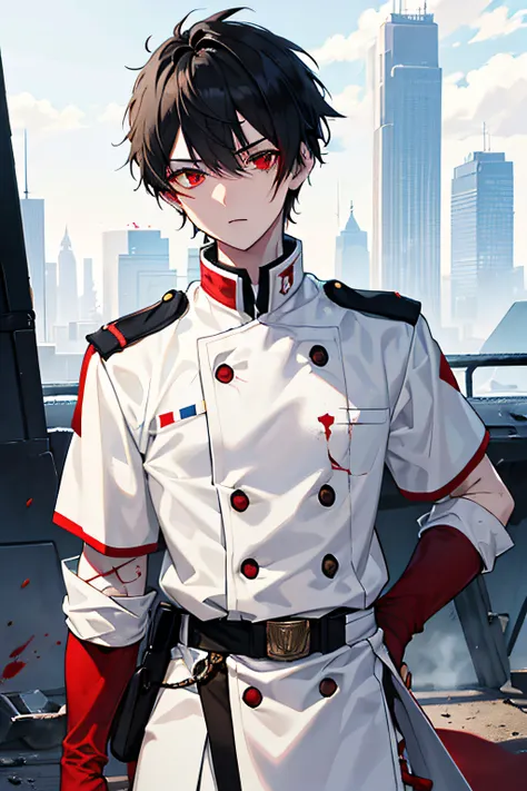 tall, athletic build, short black hair, male, sharp blue left eye, blood red right eye, 20 years old, several small war scars, white, military style clothing, modern