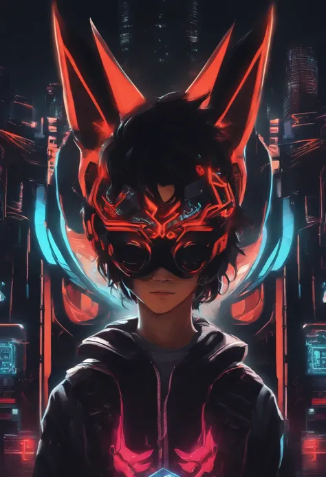 boy with big black hair, hig tech fox mask, cyberpunk style, neon colors, japan