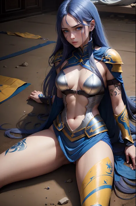 On the battlefield，A defeated woman，blue long hair，Blue eyes，Yellow broken armor，spread their legs，The whole body is covered with tattoos