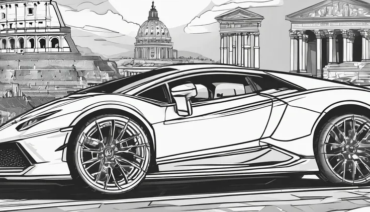 lamborghini  design for a T-shirt in roma and the coliseum in the background.