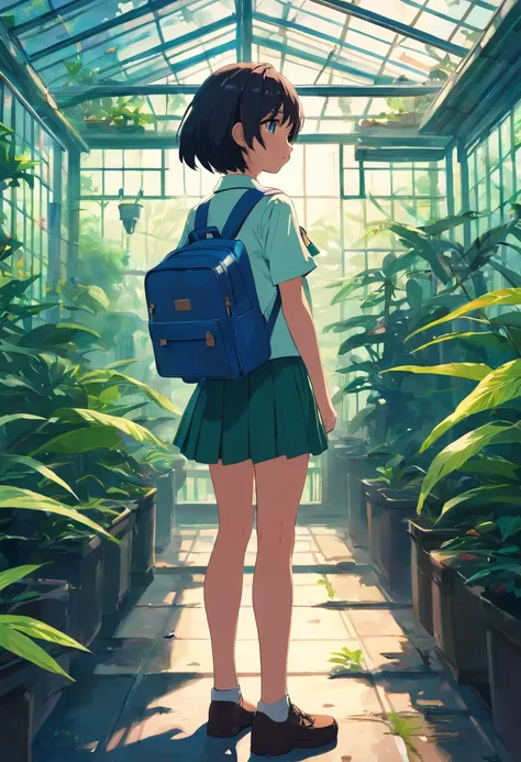 (dark feeling)，((The upper part of the body))，Cute little girl s，Wearing a tattered school uniform，bookbag，(In the greenhouse，Plants of the rainforest around snakes)