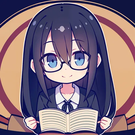 Long, straight black hair, dark blue eyes, background full of books, glasses, pigtails down,hair down,smile