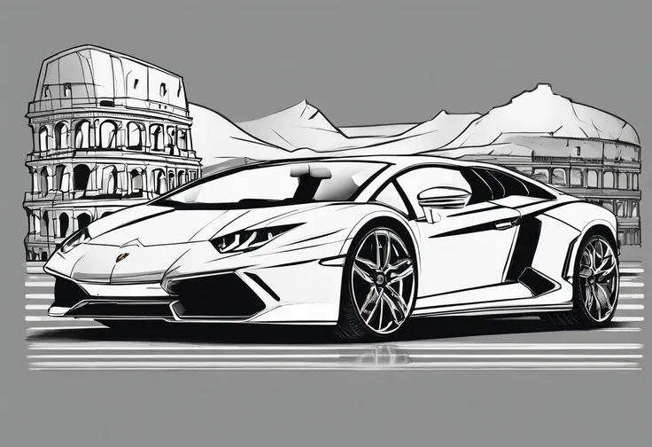 lamborghini  design for a T-shirt in roma and the coliseum in the background.