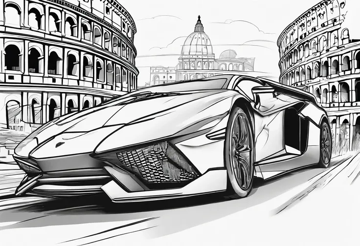 lamborghini  design for a T-shirt in roma and the coliseum in the background.