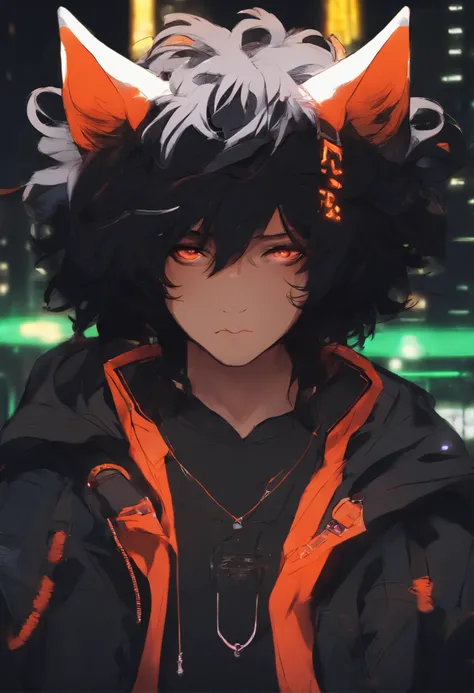 boy with big black hair, hig tech fox mask, cyberpunk style, neon colors, japan