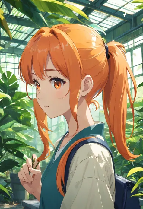 (Dark feeling)，((The upper part of the body))，Cute little girl s，((((Double ponytail hairstyle，orange color hair))))，Wearing a tattered school uniform，bookbag，(In the greenhouse，Rainforest plants around snakes)