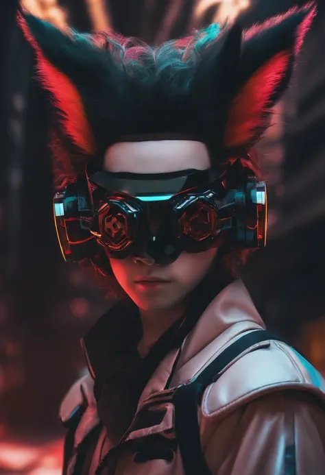 boy wearing higtech fox mask, big hair covering the mask, cyberpunk style, neon colors, japan