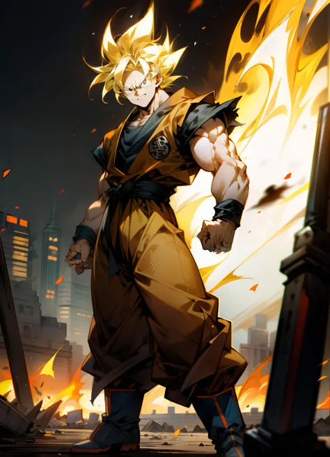 masterpiece, best quality, 1boy, (goku), short hair, yellow hair, black eyes, blue boots, orange clothes, training, standing, angry face, aura power, night, natural light, angry eyes, smiling, yellow hair, male focus, strong muscles, movie composition, sta...