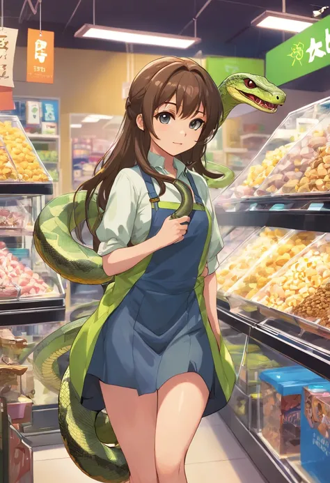 (Dark feeling)，((The upper part of the body))，A big woman，(Neat bangs，Long neat hair)，Aprons and shirts，((((Inside the pet store，Big python，serpent，lizard，Spider pets))))