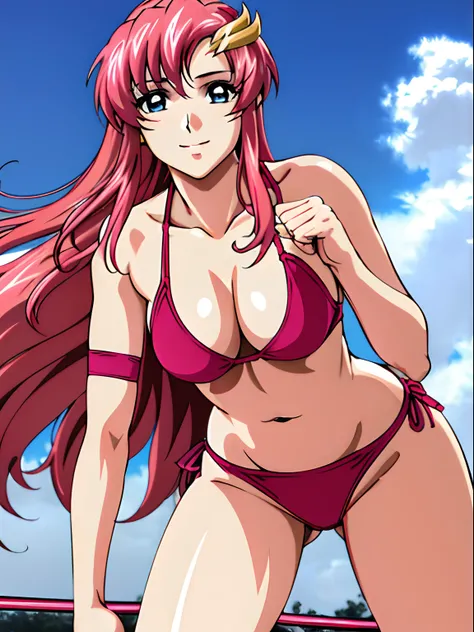 (masterpiece, upper body view, 4K, Best Quality, Anime style: 1.9,, Adult Woman, ultra detailed face, (cloud background, wrestling), Drawing lines, high resolution, Anime, lacus4), 1girl, Solo, curvy figure, Long hair, 鎖骨, scapular, (Detailed wide hair ban...