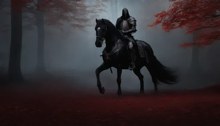 Undead Knight，Undead，Crusader pitch-black armor，(red eyes)，Skeleton horse，Nightmare Horse，fantasy world，medieval times，A dark forest that glows with glows，horror atmosphere，uncanny，High-precision details，HD，8k