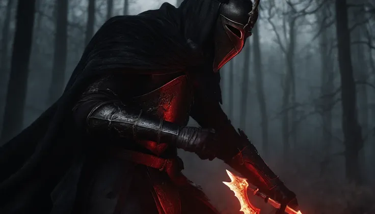 Undead Knight，Undead，Crusader pitch-black armor，(red eyes)，Skeleton horse，Nightmare Horse，fantasy world，medieval times，A dark forest that glows with glows，horror atmosphere，uncanny，High-precision details，HD，8k，lord of the ring