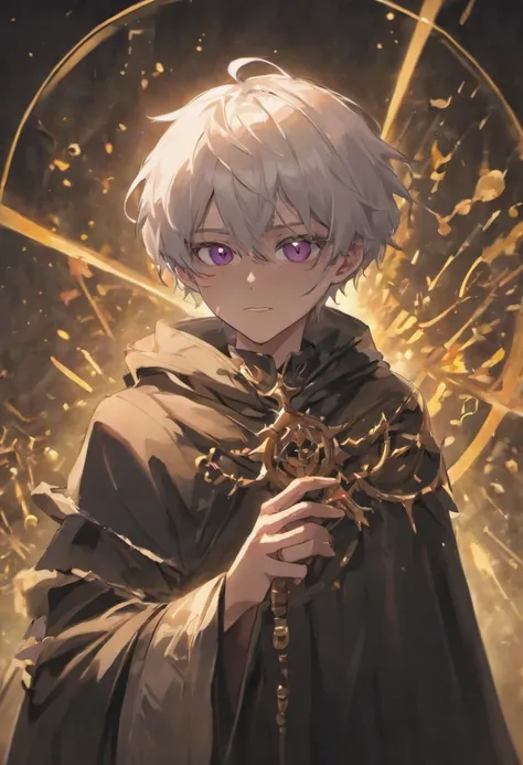 4K HD Illustration, man, plague mask in hand, cover your face, a young man with short silver hair, wearing a white circular mask, the mask covered his entire face, revealing only his black eyes. He wore a black and purple cloak without a hood, his appearan...