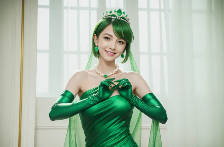 emerald tiara, Green Pearl Necklace, Boyish very short green hair, lipsticks, Japan woman smiling, very short short hair, big breasts beautiful, Green eyes, Long green gloves made of satin material, Green eyes, Emerald Earrings, Green dress