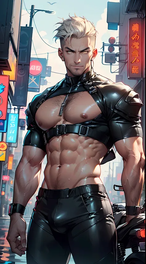 muscular man,(((1man))),((man muscular)),

(((1male,man:1.5,handsome man,male,male gender:1.5,male focus))),macho man,

((short white hair)),(((lustrous skin:1.5,tanned skin,bright skin: 1.5,skin tanned,shiny skin,very shiny skin,shiny body,illuminated ski...