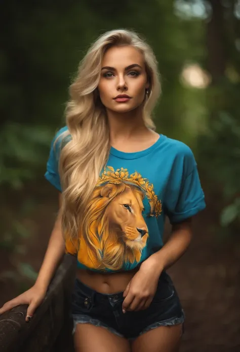 Very beautiful 22-year-old blonde dressed in a t-shirt looking straight into the camera