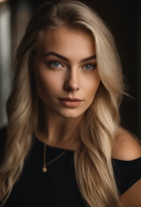 Very beautiful 22-year-old blonde dressed in a t-shirt looking straight into the camera