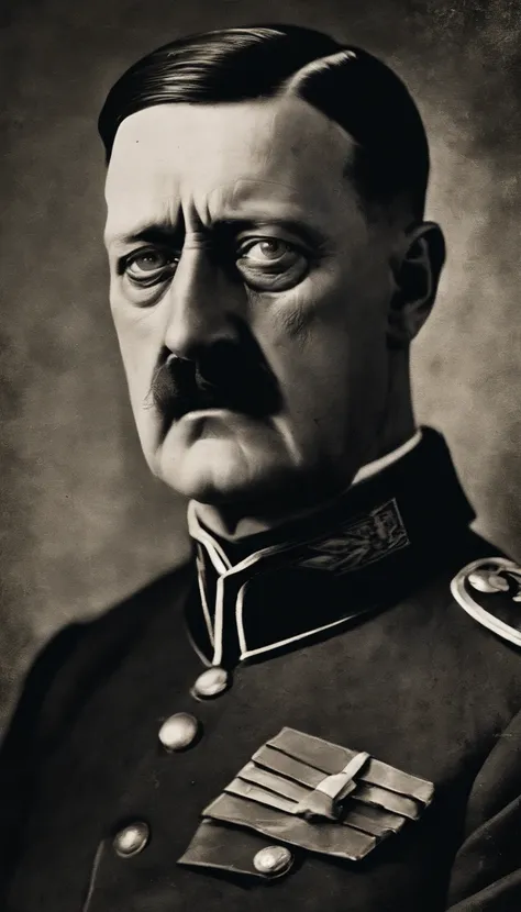 "19th century portrait of Hitler with small mustache and gray cloak, depicted in striking light. Hitler wearing German shirt and war cloak."