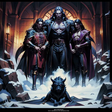 Castlevania shadow lords hyper realistic super detailed Dynamic shot centerpiece cinematic scene scenes movie Epic Legendary Lord Dracula with his 3 demons poster movie with demons super detailed Dynamic shot