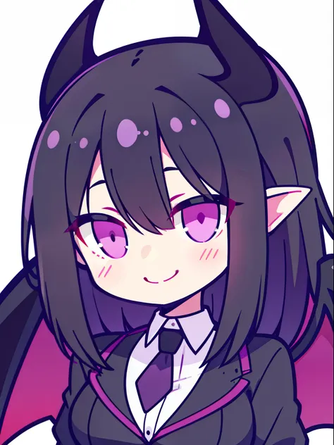 Black haired girl,straight bangs,succubus,demon,purple eyes,black hair,smile,