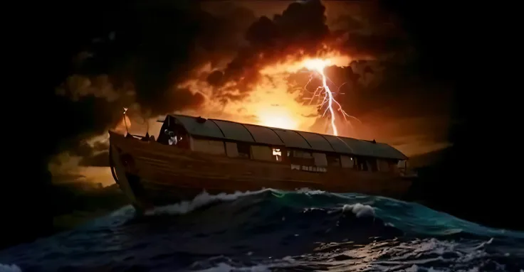 boat on the ocean with lightning coming out of it, ark of noah, epic biblical representation, um navio perdido em uma tempestade...